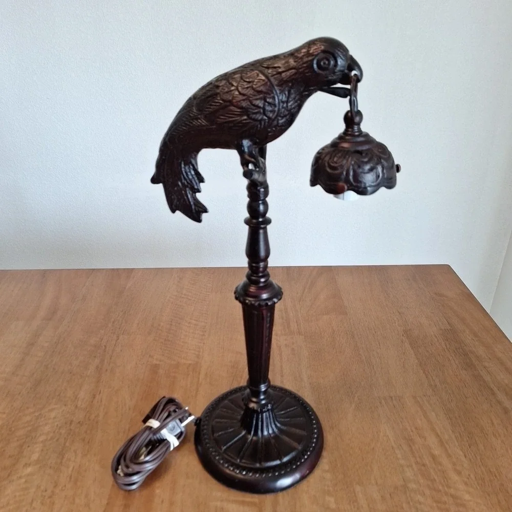 Vintage Art Deco Cast Iron Parrot W/ Lantern Lamp Working 18